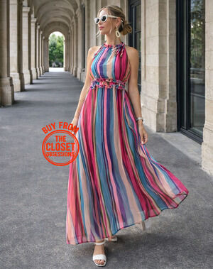 MANGO Stripe Halter Maxi Dress Resort Vacation Cruise Dress NWT Size 4 6